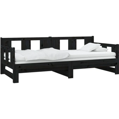 Image of vidaXL Solid Pine Wood Black Pull Out Day Bed, Double Bed Size, Convertible Design for Daytime Sofa and Nighttime Ideal Limited Space, Bohemian Style Easy Assembly required