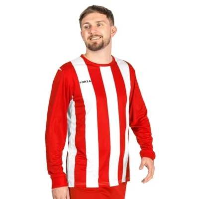 Image of FORZA Men’s Striped Long Sleeve Jersey Shirt [XS XXL] Premium Football T Shirts 5 Stripe Colour Options (UK, Alpha, M, Regular, Red and White)