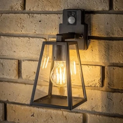 Image of CGC Lighting Outdoor Outside Wall Light with Motion Sensor Bulkhead Lights PIR Mains Power Aluminium Traditional Lantern LED IP44 Rated Security E27 (Black PIR)