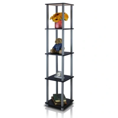 Image of Furinno Turn N Tube 5 Tier Corner Square Rack Display Shelf with Round Tube, Black/Grey