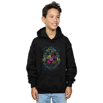 Image of Harry Potter Boys Neon Hogwarts Crest Hoodie Black 12 13 Years