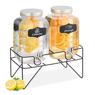 Image of Drinks Dispenser with Stand, 2 Jars, 4 Litres each, Tap, Water Pitcher, Beverage Container, Transparent Relaxdays