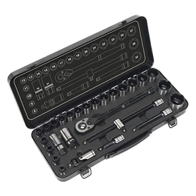 Image of Sealey Premier Socket Set 28pc 1/2&quot;Sq Drive 6pt WallDrive® Metric Black Series