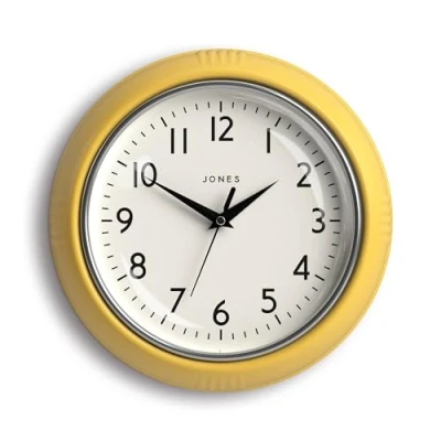 Image of Jones Clocks® Ketchup wall clock Retro round 25cm Yellow Easy to read numbers Perfect kitchen or office