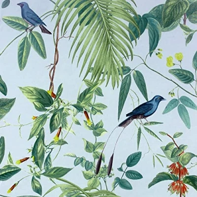 Image of Arthouse Exotic Garden Wallpaper Blue, Green, Vintage Feel, Delicate Birds Surrounded by Beautiful Flowers, Intertwined with Warm Green Tones of The Foliage on a Soft Blue Background, 921609