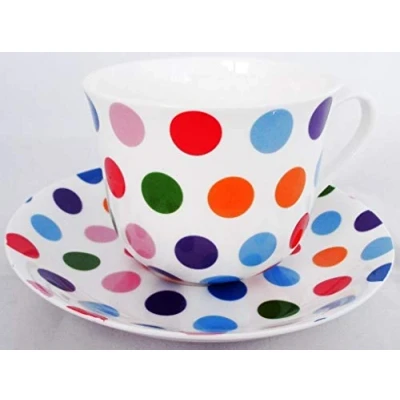 Image of Polka Dots Breakfast Large Cup &amp; Saucer Fine Bone China Jumbo Tea Coffee Hand Decorated in UK