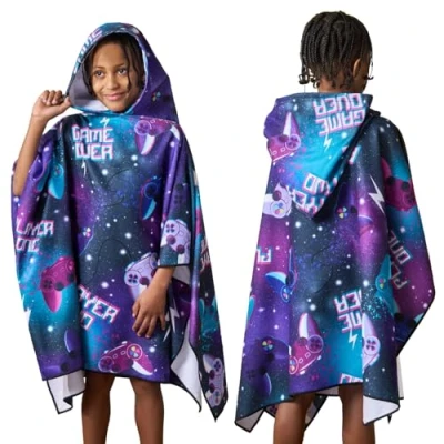 Image of Dreamscene Kids Changing Robe Hooded Towel, Soft Absorbent Quick Dry Ombre Gaming Print Boys Girls Oversized Towel Poncho Lightweight Swimming Towels for Pool Beach Travel, Purple
