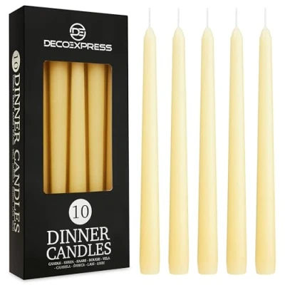Image of Deco Express Dinner Candles Pack of 6, 10, 15 or 50 Tapered Non Drip Long Lasting 8 Hours, Unscented (Ivory 10 Pack)