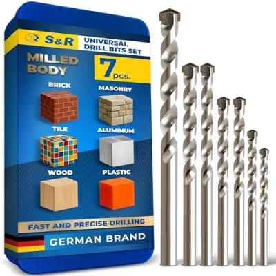 Image of S&amp;R Drill Bit Set Multi Purpose Universal 7 pcs: 4x75, 5x85, 6x100, 8x120, 10x120, 12x160 mm in sturdy Metal Box