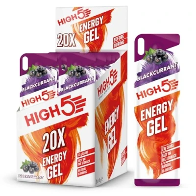 Image of HIGH5 Energy Gels Quick Release Sports to Power Muscles for Top Performance Natural Fruit Juice &amp; No Caffeine On The Go Boost Running, Cycling, Endurance (Blackcurrant, 20 x 40g)