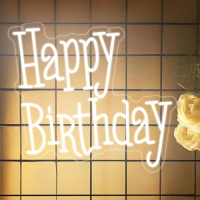 Image of Happy Birthday Neon Sign, White Light for Wall Decor, LED Dimmable USB Power Letter Signs Bedroom Living Room Bar Wedding Home Party