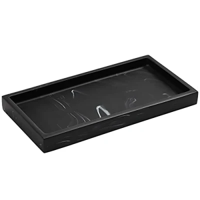 Image of Luxspire Bathroom Vanity Tray, Resin Dresser Jewelry Ring Dish Tank Storage Kitchen Sink Countertop Organizer Plate Holder for Perfume Candles Soap Towel Plant Accessories, Mini, Ink Black