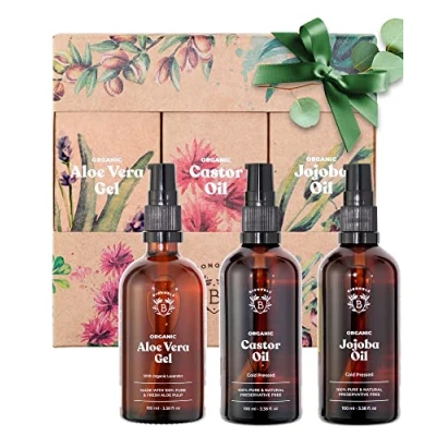 Image of Bionoble Beauty Gift Set for Women 3x100ml Organic Aloe Vera Gel, Castor Oil and Jojoba Natural Products in an Attractive Recyclable Box Face, Body, Hair Pamper Skincare