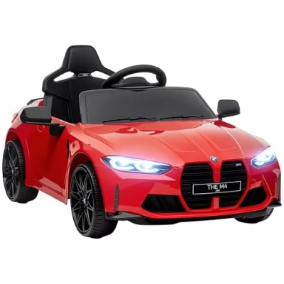 Image of AIYAPLAY BMW M4 Licensed Kids Electric Car with Easy Transport, 12V Battery Powered Ride On Remote Control, Suspension, Music, Horn LED Lights, for Ages 3 5 Years, Red;