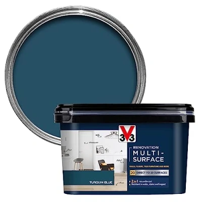 Image of V33 Renovation Multi Surface Paint Turquin Blue 2L Direct to 20 Surfaces Including Wood, Tiles &amp; Metal Resistance Water, Stains Impact High Coverage Washable Easy Maintenance