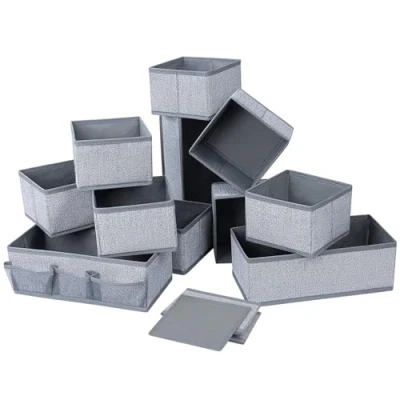 Image of DIMJ 12 PCS Dresser Drawer Organiser Fabric Storage Box Foldable Wardrobe Dividers Cubes for Socks, Underwear, Ties, Scarves, Cosmetics (Heather Grey)