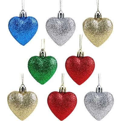 Image of Christmas Concepts® Pack of 8 60mm Heart Shaped Tree Baubles Glitter Decorated (Multi Colour)