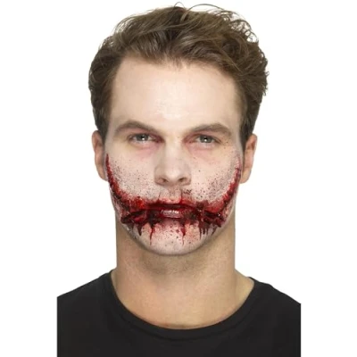 Image of Smiffys Make Up FX, Latex Stitched Smile Wounds, R with Adhesive, Cosmetics and Disguises Fancy Dress, Halloween Dress &amp; Disguises.