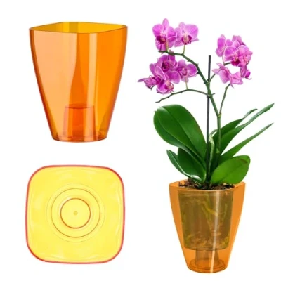 Image of KADAX Orchid Pot, Plastic Flowerpot in Several Colours, Lightweight Plant Pot Multiple Sizes, Elegant for Living Room, Office and Bedroom (⌀12 cm, Square, Orange)