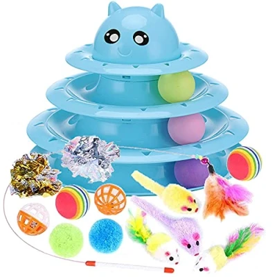 Image of Speedy Panther 14 Pack Cat Toys Interactive for Indoor Cats Kitten Toy Fun Roller Exerciser 3 Level Teaser Ball Feather Wand