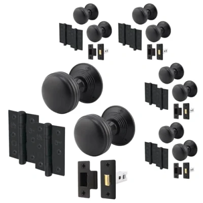 Image of EAI Lined Door Knob Set Matt Black 4 Pairs of Mortice Knobs (55mm), Latch (76mm) &amp; Hinges for Internal Doors