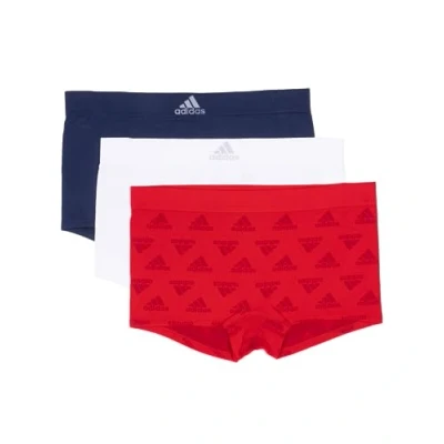 Image of adidas Women&#039;s Seamless Boy Shorts Underwear 3 Pack, Vivid Red W. Logo Jacq/White/Night Indigo, L