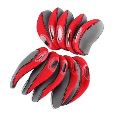 Image of Dilwe Golf Iron Head Covers,10 Pcs Club Heads Protector Neoprene Headcovers Covers Clubs Protection Cover Set Universal Fit All Irons (Grey+Red)