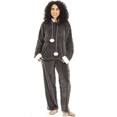 Image of Camille Women&#039;s 2 Piece Super Soft Pyjama Set Thick Luxury Fleece Full Length PJ Long Sleeved with Elasticated Waist &amp; Sherpa Lined Hood Charcoal 18 20