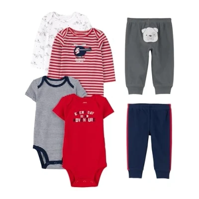 Image of Simple Joys by Carter&#039;s Baby Boys&#039; 6 Piece Bodysuits (Short and Long Sleeve) Pants Set, Multicolor/Bear/Dogs/Stripe/Text Print, 0 3 Months