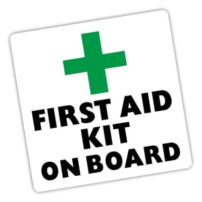 Image of 1 x First Aid Kit on Board Sticker Sign Car Vehicle Bus Taxi Minicab Minibus Warning Health and Safety Self Adhesive Vinyl 100mm Green White
