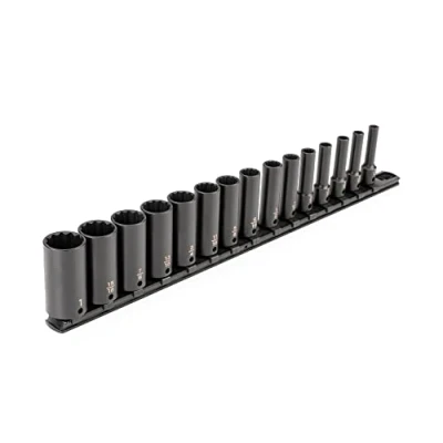 Image of TEKTON 3/8 Inch Drive Deep 12 Point Impact Socket Set with Rail, 15 Piece (1/4 1 in.) SID91113