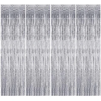 Image of 4 Packs Silver Foil Fringe Curtains, 1 x 2 M Metallic Tinsel Shimmer Photo Booth Props Backdrop Curtain, Hanging Streamers Curtains for Birthday Wedding Party Door Window Decoration