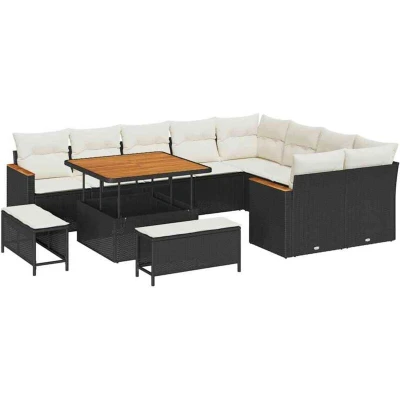 Image of 12 Piece Garden Sofa Set with Cushions Black Poly Rattan Acacia Vidaxl