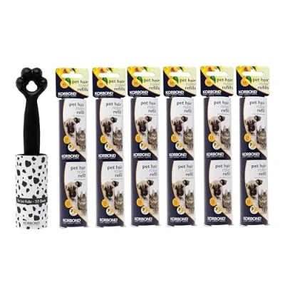 Image of KORBOND Pet Lint Roller &amp; Refill Rolls Set 429 Sheets Printed (33) plus 12 (396) Dog Hair Remover Cat