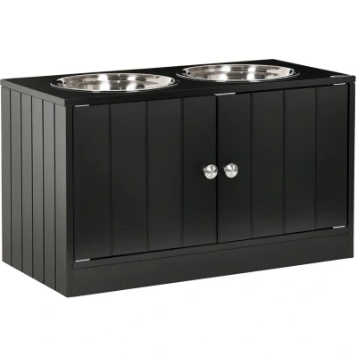 Image of PawHut Raised Dog Bowls for Large Dogs Pet Feeding Station w/Stand, Storage, Two Stainless Steel Black