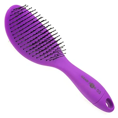 Image of Head Jog Oval Paddle Hair Brush No.3 for Detangling &amp; Smoothing with Detachable Cleaner Soft Rubber Grip Handle, Purple.