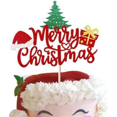 Image of 1 Pack Merry Christmas Cake Topper, Red Green Glitter Xmas Decorations for Santa Happy New Year Party Supply Decoration