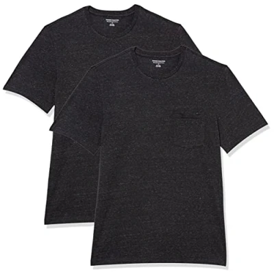 Image of Amazon Essentials Men&#039;s T Shirt Slim Fit Short Sleeved Crewneck Pocket, Pack of 2, Charcoal Heather, S
