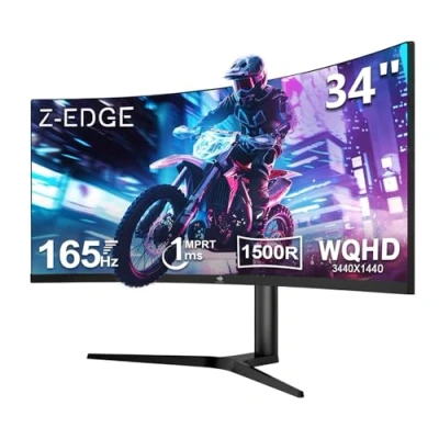 Image of Z Edge 34 Inch Curved Gaming Monitor Ultrawide 165Hz(DP) 100Hz(HDMI) 1ms MPRT 21:9 3440x1440 WQHD R1500 Screen, Tilt/Swivel/Height Adjustable, FreeSync, HDMI, DisplayPort
