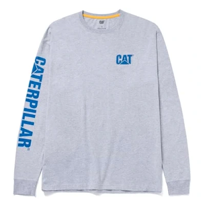 Image of CAT Men&#039;s Trademark Banner Long Sleeve Tee Shirts with Center Back Neck Wire Management Loop Logo T, Heather Grey/Blue, 3XL