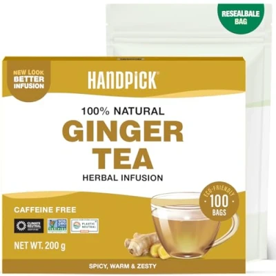 Image of HANDPICK, Ginger Tea Bags (100 Count) Non GMO,Pure Ingredients Soothing &amp; Spicy Blend Round Eco conscious Herbal