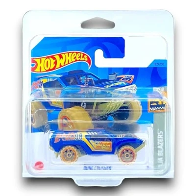 Image of Hot Wheels Dune Crusher (Blue, Red &amp; Yellow) 2/10 Baja Blazers 2023 182/250 (Short Card) COMES IN A KLAS CAR KEEPER SHORT CARD PROTECTOR CASE HKJ58