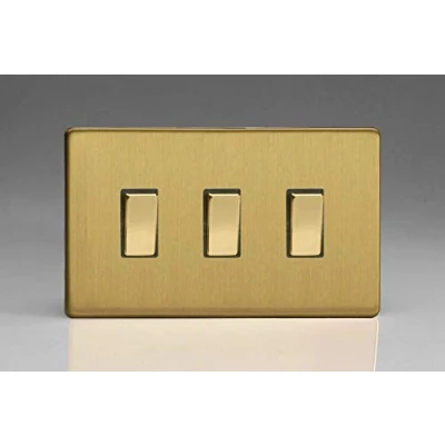 Image of Varilight 3 Gang 10A 1 or 2 Way Rocker Light Switch (Twin Plate) Brushed Brass XDB93S, 86x147x25mm