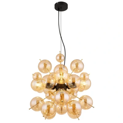 Image of Udo Globe Pendant Ceiling Light Matt Black Balls Amber Glass Shade 4x E27