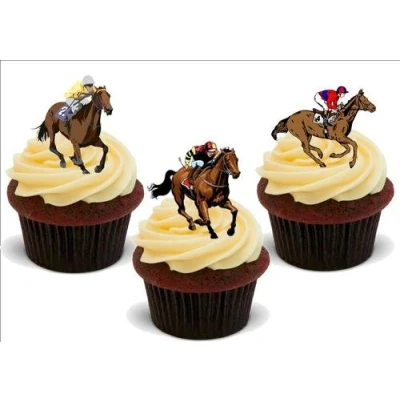 Image of Horse Racing Horses Mix 12 Edible Stand Up Premium Wafer Card Cake Toppers Decorations