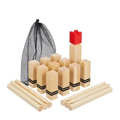 Image of Relaxdays Viking Game, Wooden, Kubb, Swedish Chess, 21 Blocks, Throw, Play, Outdoor, Children &amp; Adult, Travel Bag, Brown, Wood, 31 x 18 13 cm