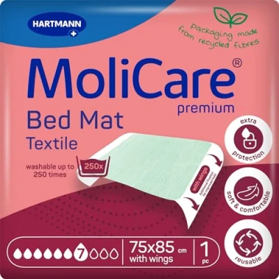 Image of MoliCare Premium Bed Mat Textile 7 Drops (2250 ml Capacity) Washable Incontinence Pad for Adults or Children, Waterproof Mattress Protector, 85x90 cm, Oekotex Certified, Pack of 1