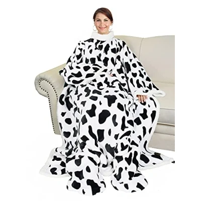 Image of Catalonia Classy Cow Print Wearable Sherpa Blanket with Sleeves and Foot Pocket, Soft Cosy Fleece Slankets for Women Warm Fluffy Plush Throws Winter TV Sofa Couch 190 x 135 cm