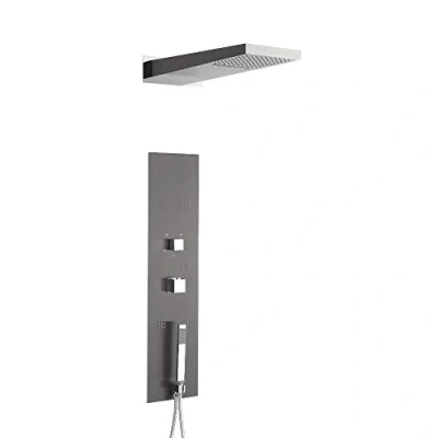 Image of Milano Ryuku Modern Concealed Thermostatic Shower Tower Panel with Rainfall Head, Body Jets, Hand Handset and Waterblade Function Gunmetal Grey