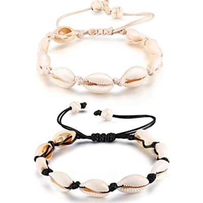 Image of 2 Pieces Adjustable Shell Bracelets Anklets Set Natural Cowrie Beads Puka Seashells Ankle Jewelry for Men Women (White+Black)